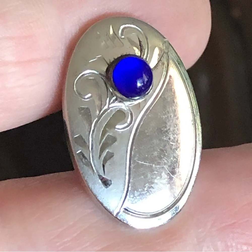 Vintage Anson royal blue cabochon glass etched silver cuff links